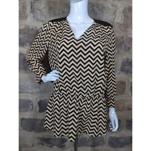 Bellatrix Blouse‎ Black Tan Chevron Peplum V-Neck 3/4 Sleeve Woman's Size Medium